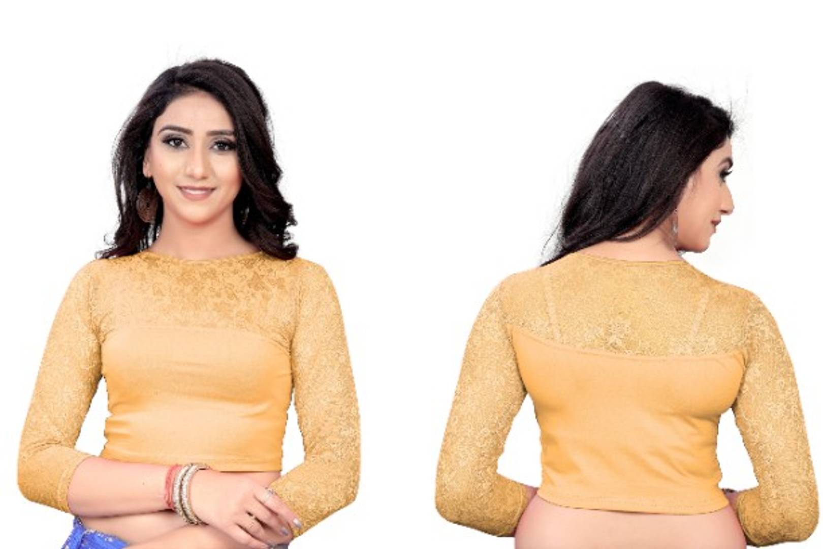 Tranoli Cotton Spandex Long Sleeve with Net Detailing Readymade Blouse